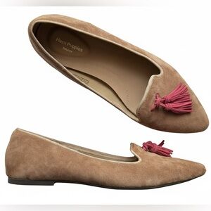 Hush Puppies | Tan Genuine Suede Loafer Flats with Red Tassel Accents